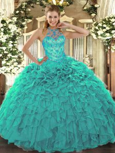 Fabulous Turquoise Ball Gowns Halter Top Sleeveless Organza Floor Length Lace Up Beading and Embroidery and Ruffles Quince Ball Gowns