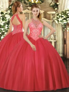 Fantastic Red Lace Up High-neck Beading Sweet 16 Quinceanera Dress Tulle Sleeveless