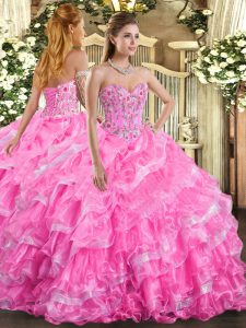 Chic Sleeveless Organza Floor Length Lace Up Quinceanera Gowns in Rose Pink with Embroidery and Ruffled Layers