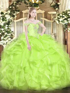 Excellent Sleeveless Organza Floor Length Lace Up Vestidos de Quinceanera in Yellow Green with Beading and Ruffles