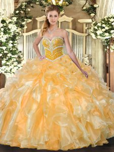 Classical Orange Ball Gowns Organza Sweetheart Sleeveless Beading and Ruffles Floor Length Lace Up Vestidos de Quinceanera