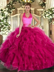 Cheap Fuchsia Ball Gowns Halter Top Sleeveless Organza Floor Length Lace Up Ruffles Quince Ball Gowns