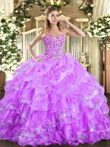 Floor Length Lilac Ball Gown Prom Dress Organza Sleeveless Embroidery and Ruffled Layers