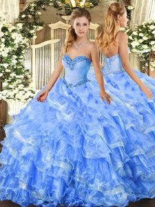 Flare Organza Sleeveless Floor Length Sweet 16 Dresses and Beading and Ruffled Layers