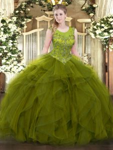 Perfect Floor Length Olive Green 15 Quinceanera Dress Organza Sleeveless Beading and Ruffles