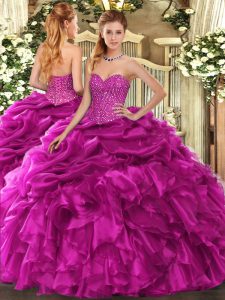 Floor Length Lace Up Quinceanera Gowns Fuchsia for Military Ball and Sweet 16 and Quinceanera with Beading and Ruffles and Pick Ups