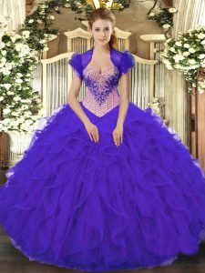 Modest Sleeveless Floor Length Beading and Ruffles Lace Up 15 Quinceanera Dress with Purple