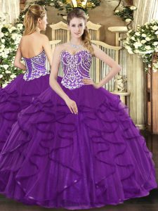 Simple Purple Quinceanera Dresses Military Ball and Sweet 16 and Quinceanera with Beading and Ruffles Sweetheart Sleeveless Lace Up