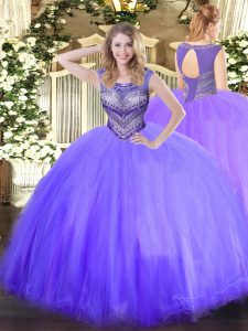 Tulle Scoop Sleeveless Lace Up Beading 15 Quinceanera Dress in Lavender