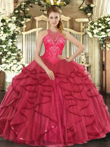 Sleeveless Lace Up Floor Length Beading and Ruffles Ball Gown Prom Dress