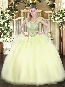 Spectacular Light Yellow Scoop Neckline Beading Quinceanera Gown Sleeveless Lace Up