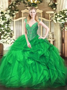 Green Sleeveless Floor Length Beading and Ruffles Lace Up Vestidos de Quinceanera