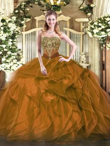 Brown Ball Gowns Organza Strapless Sleeveless Beading and Ruffles Floor Length Lace Up Quinceanera Gowns