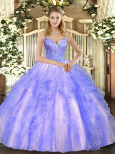 Sleeveless Tulle Floor Length Lace Up Quinceanera Gowns in Lavender with Beading and Ruffles