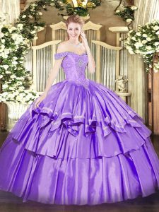 Best Off The Shoulder Sleeveless Organza and Taffeta Quinceanera Dress Beading and Ruffled Layers Lace Up