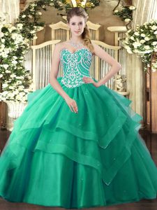 Sleeveless Lace Up Floor Length Beading and Ruffled Layers Vestidos de Quinceanera