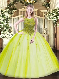 Tulle Scoop Sleeveless Zipper Beading Quinceanera Gowns in Yellow Green