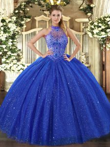 Beading and Embroidery Quinceanera Gowns Royal Blue Lace Up Sleeveless Floor Length