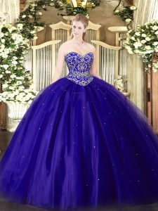 Fashionable Floor Length Blue 15th Birthday Dress Tulle Sleeveless Beading