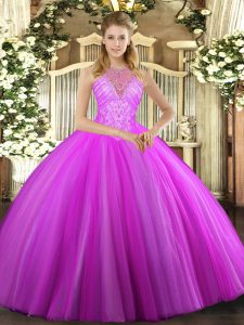 Extravagant Sleeveless Tulle Floor Length Lace Up Ball Gown Prom Dress in Fuchsia with Beading