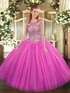 Fuchsia Tulle Lace Up Scoop Sleeveless Floor Length Quinceanera Dresses Beading