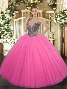 Dazzling Floor Length Lace Up Quinceanera Dress Hot Pink for Sweet 16 and Quinceanera with Beading