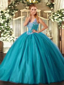 Teal Lace Up Straps Beading Quinceanera Gowns Tulle Sleeveless