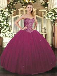 Smart Fuchsia Sweetheart Neckline Beading 15th Birthday Dress Sleeveless Lace Up