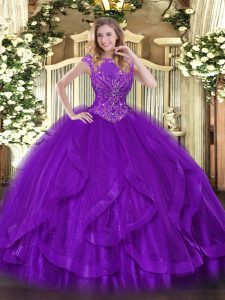 Purple Ball Gowns Scoop Sleeveless Tulle Floor Length Zipper Beading and Ruffles 15 Quinceanera Dress