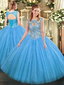 Baby Blue Lace Up Quinceanera Dresses Beading Sleeveless Floor Length