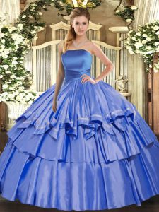 Shining Ball Gowns 15th Birthday Dress Blue Strapless Organza Sleeveless Floor Length Lace Up