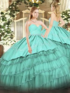 Turquoise Sweetheart Neckline Beading and Lace and Embroidery and Ruffled Layers Quinceanera Dress Sleeveless Zipper