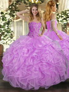 Lilac Ball Gowns Tulle Sweetheart Sleeveless Beading and Ruffles Floor Length Lace Up Ball Gown Prom Dress