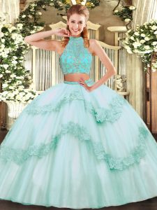 On Sale Halter Top Sleeveless Sweet 16 Dresses Floor Length Beading and Appliques and Ruffles Apple Green Tulle