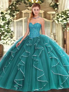 Modest Teal Sweetheart Neckline Beading and Ruffles Ball Gown Prom Dress Sleeveless Lace Up