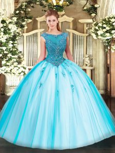 Sweet Cap Sleeves Tulle Floor Length Zipper Quinceanera Dresses in Aqua Blue with Beading and Appliques