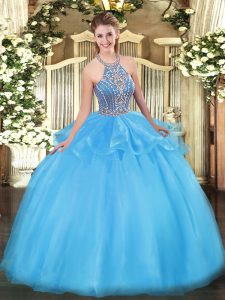 Aqua Blue Sleeveless Floor Length Beading and Ruffles Lace Up 15 Quinceanera Dress