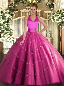 Hot Pink Lace Up Quinceanera Gown Appliques Sleeveless Floor Length