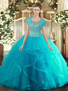 Luxurious Aqua Blue Clasp Handle Scoop Beading and Ruffled Layers 15th Birthday Dress Tulle Sleeveless