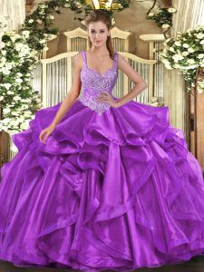 Great Eggplant Purple Lace Up Straps Beading and Ruffles Sweet 16 Dresses Organza Sleeveless