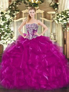 Hot Sale Fuchsia Lace Up Strapless Beading and Ruffles Quinceanera Dress Organza Sleeveless