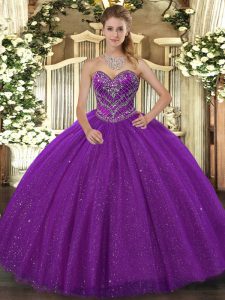 Comfortable Sleeveless Tulle Floor Length Lace Up 15 Quinceanera Dress in Purple with Beading