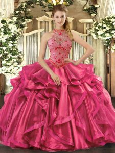 Sophisticated Hot Pink Lace Up Halter Top Beading and Embroidery and Ruffles Sweet 16 Quinceanera Dress Organza Sleeveless