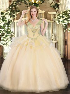 Champagne Lace Up V-neck Beading Ball Gown Prom Dress Tulle Sleeveless