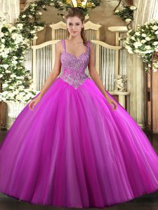 Fuchsia Ball Gowns Tulle V-neck Sleeveless Beading Floor Length Lace Up Sweet 16 Quinceanera Dress