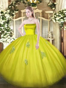 Vintage Strapless Sleeveless Quinceanera Gown Floor Length Appliques Olive Green Tulle