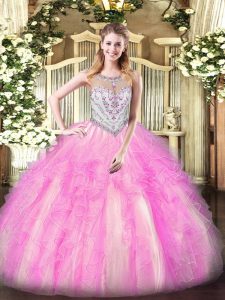 Sleeveless Tulle Floor Length Zipper 15th Birthday Dress in Lilac with Beading and Ruffles