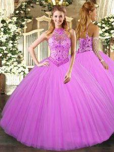 Lilac Sleeveless Floor Length Beading and Embroidery Lace Up Quinceanera Gown