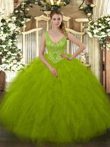 Charming Sleeveless Tulle Floor Length Zipper Vestidos de Quinceanera in Olive Green with Beading and Ruffles