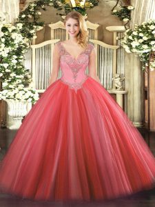 Coral Red Sleeveless Tulle Lace Up 15 Quinceanera Dress for Military Ball and Sweet 16 and Quinceanera